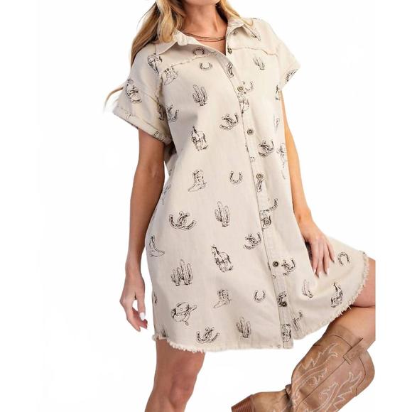 NEW EASEL western printed washed twill shirt dress in cream - Picture 5 of 5